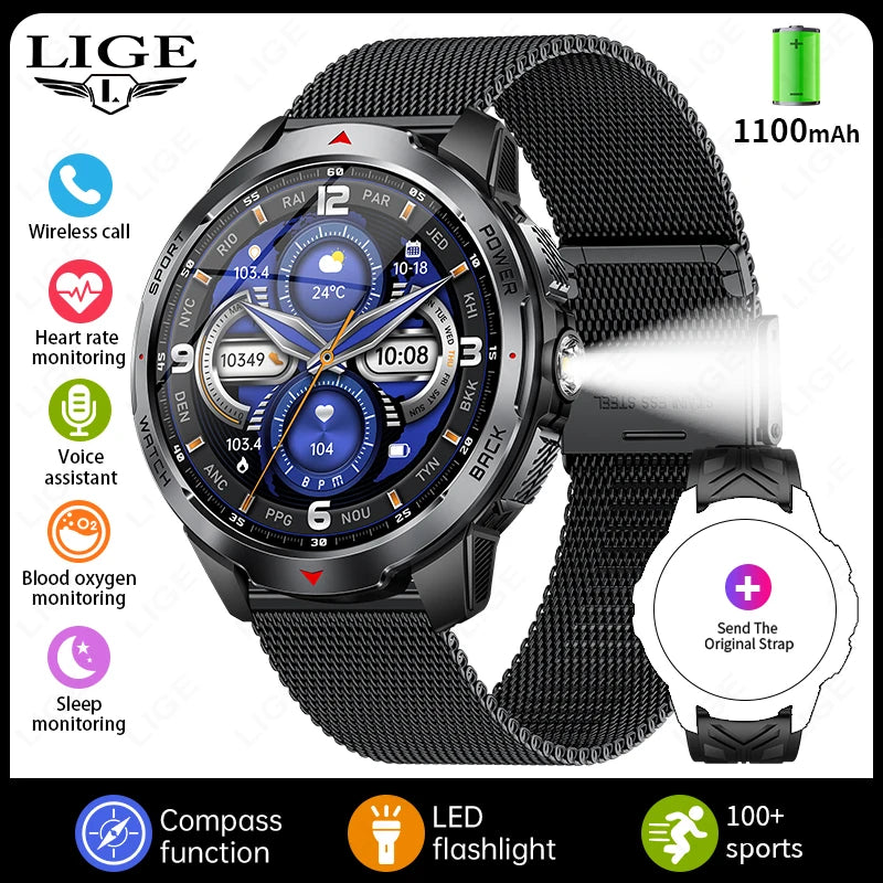 LIGE New 1100mAh Large Battery Sports Smart Watch Men Waterproof BT Call Smartwatch Men Sleep Heart Rate Monitor Compass Watches