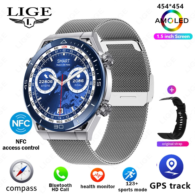 For IOS Android NFC Smart Watch Men GPS Tracker AMOLED 454*454 HD Screen Heart Rate ECG+PPG Bluetooth Call Smartwatches 2024 New