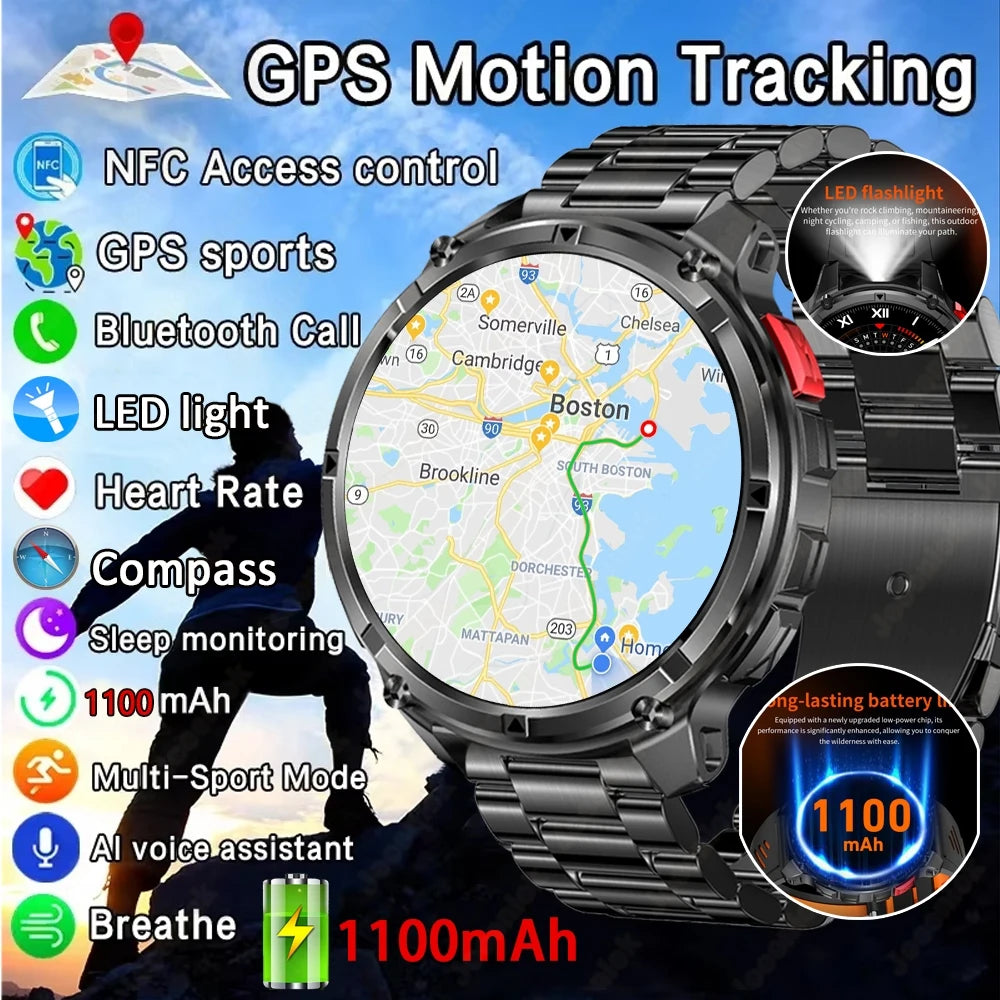 1100mAh Battery Outdoor Sport Smartwatches Men LED Flashlight Message Push Heart Rate 3ATM Waterproof Bluetooth Call Smart Watch