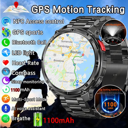 1100mAh Battery Outdoor Sport Smartwatches Men LED Flashlight Message Push Heart Rate 3ATM Waterproof Bluetooth Call Smart Watch