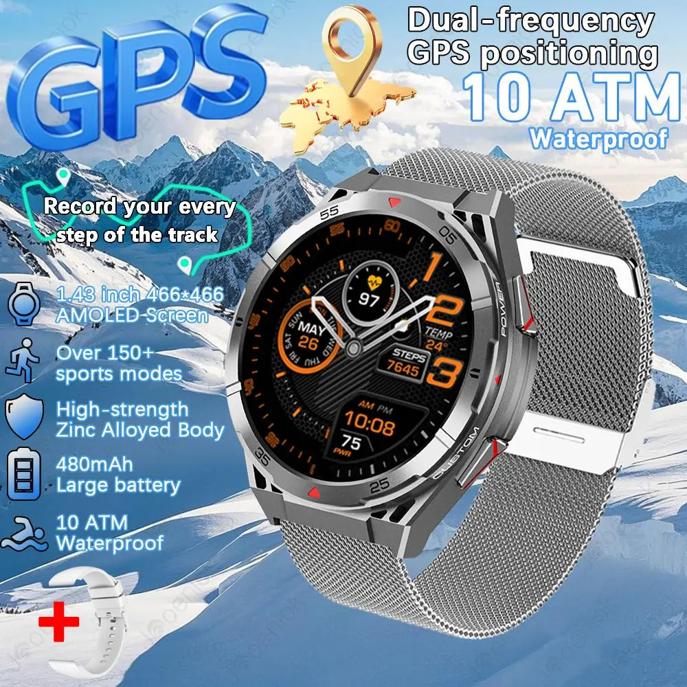 GPS Smartwatch Men 1.43" AMOLED 10ATM Waterproof Bluetooth HD Call Compass Altitude Barometer Multi Sport Mode Smart Watch