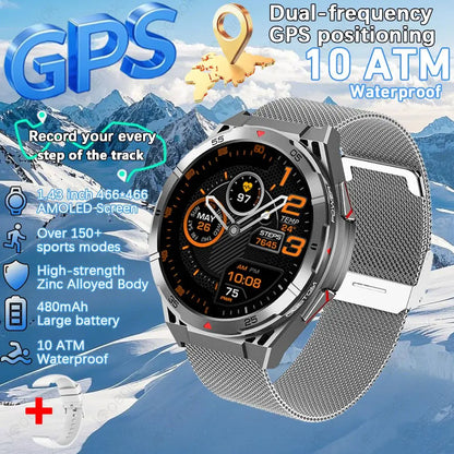 GPS Smartwatch Men 1.43" AMOLED 10ATM Waterproof Bluetooth HD Call Compass Altitude Barometer Multi Sport Mode Smart Watch