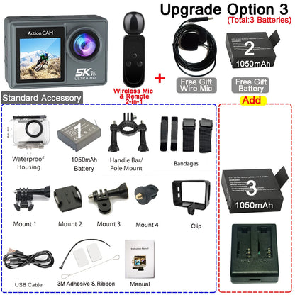 5K 4K60FPS Action Camera Dual IPS Touch LCD DVR EIS 170° 30M Waterproof 5X Zoom Sport Camera With Wireless Mic&Remote Control