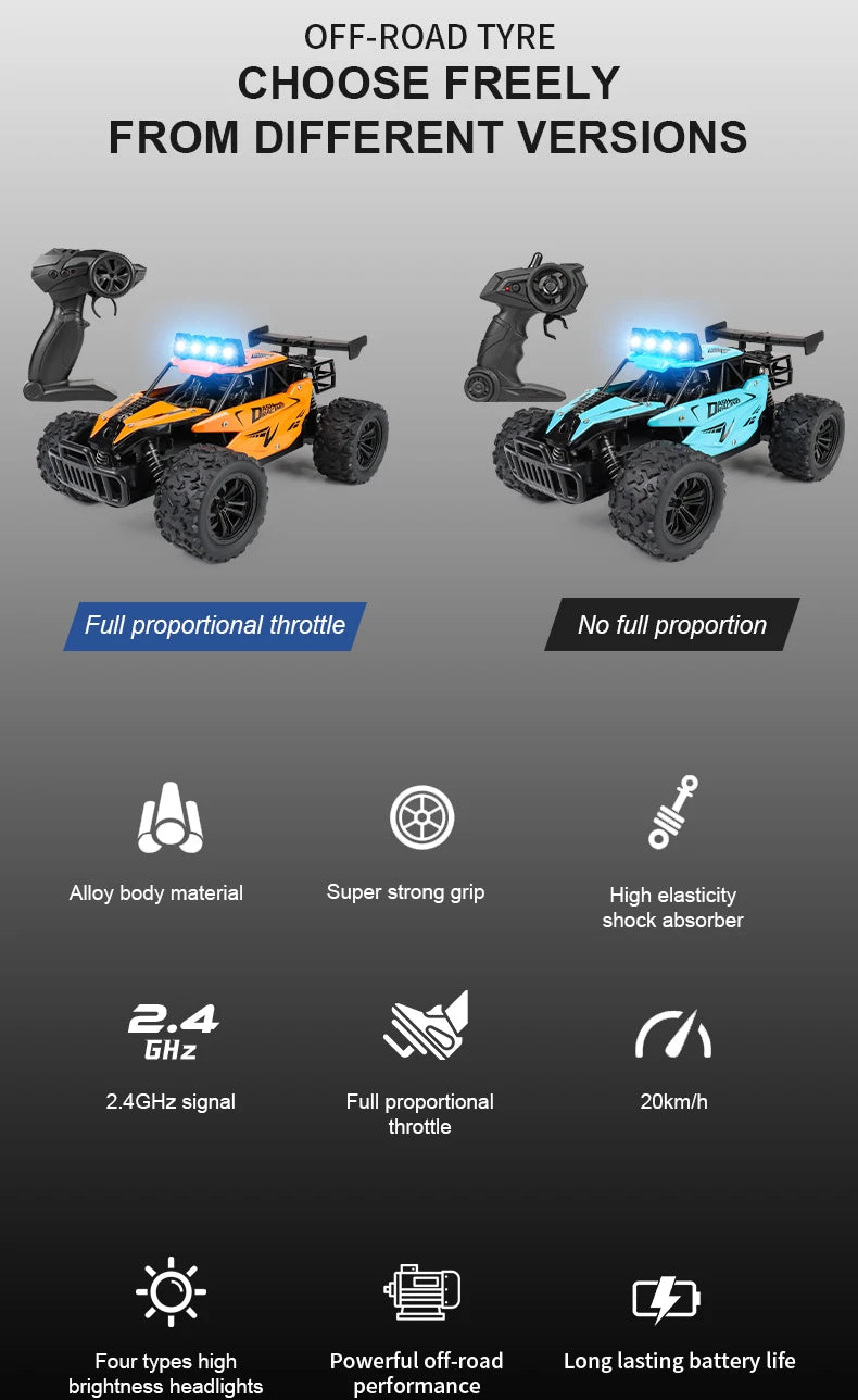 RC Alloy Car 1:16 Scale 2WD Off-Road Climbing Remote Control Car With LED Light 20KM/H High Speed Toys Gifts For Boys Girls Kids