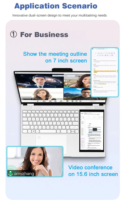 CRELANDER Intel N100 Notebook 15.6 " 2K +7" Touch Screen Quad Core 16GB WIFI Windows11 Portablet PC Computer Dual Screen Laptop