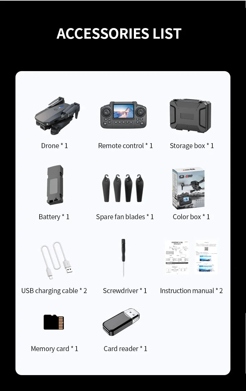 Professional E88 PRO Drone with screen 8K HD Camera WiFi FPV Foldable RC Quadcopter Helicopter Toy for Kids Adults Outdoor Gifts