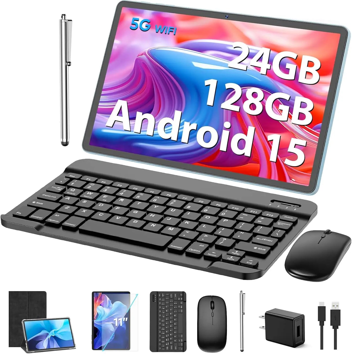 Android Tablet, 11 Inch Android 15 Tablet with Keyboard, 24GB+128GB, 2TB Expand, 8000mAh, 5MP+13MP, 5G WiFi, Mi IPS Touch Screen