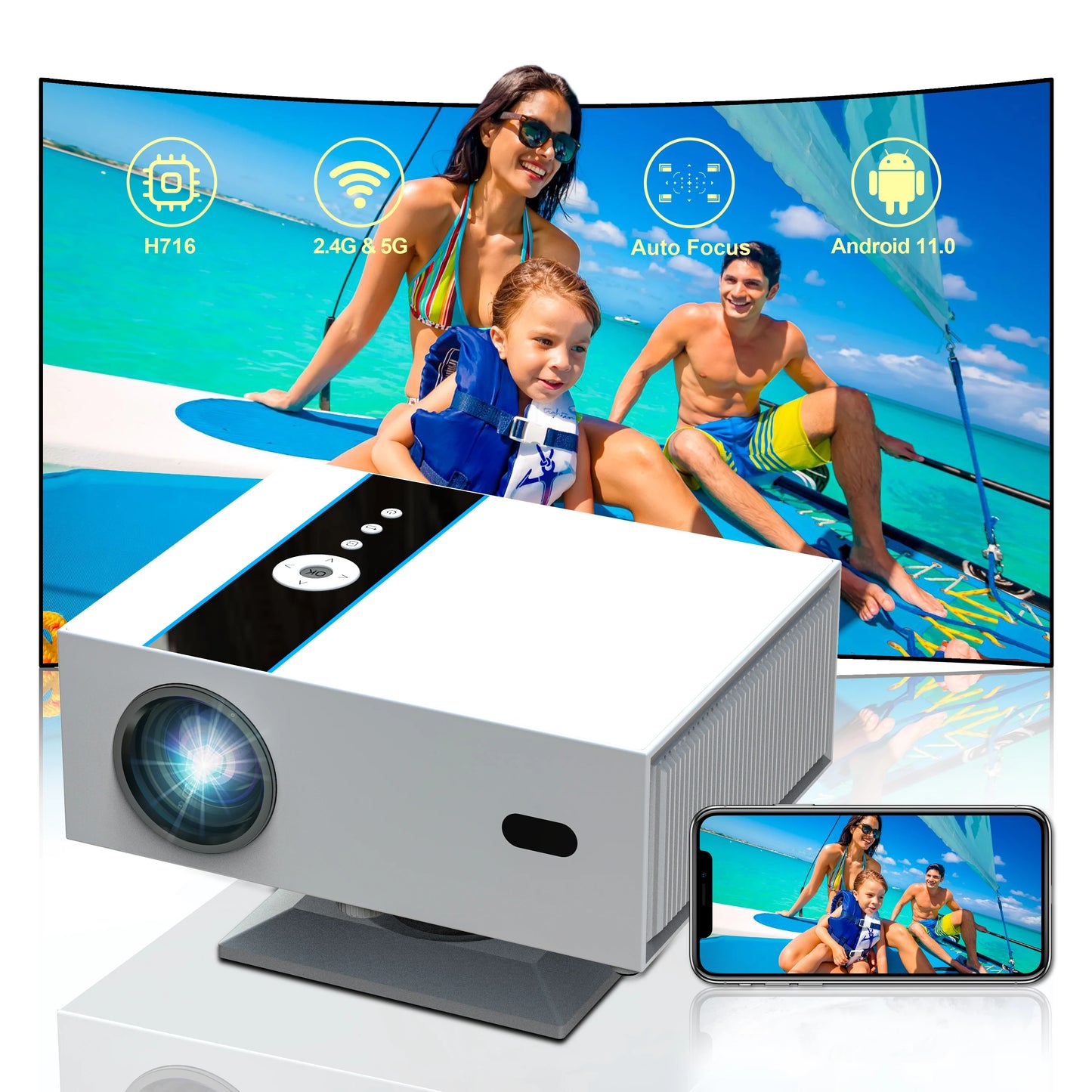 Digital Projector Support Projectors 4k Portable Autofocus 380Ansi Android 13 WiFi 11 BT5.2 Home Portable Mini Projector