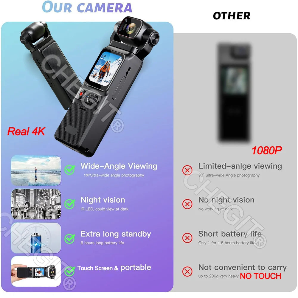 4K Handheld action camera 1.69“ touchscreen,4K Pocket camera Video recording camera, Rechargeable 1000mah/3000mAh, holiday gift
