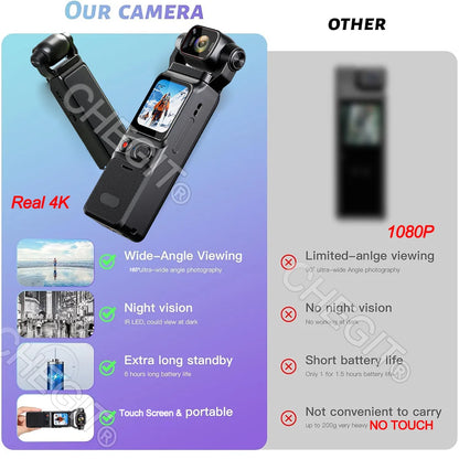 4K Handheld action camera 1.69“ touchscreen,4K Pocket camera Video recording camera, Rechargeable 1000mah/3000mAh, holiday gift