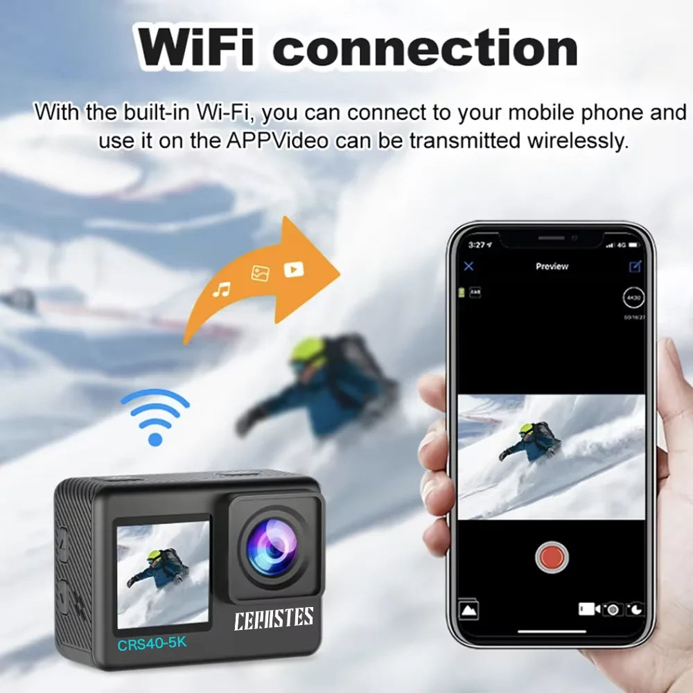 CERASTES Action Camera 5K 4K 60FPS WiFi Anti-shake Dual Screen 170° Wide Angle 30m Waterproof Sport Camera with Remote Control