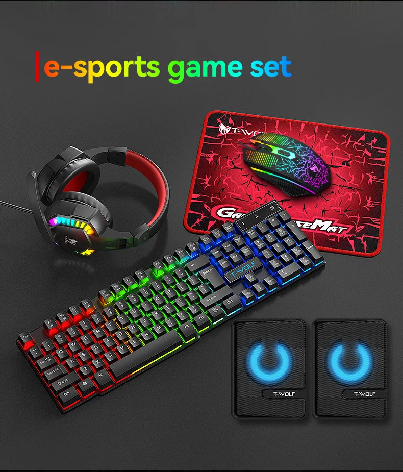 Five-piece Gaming Combo 104 Keys Keyboard 4-color Breathing Light Mouse 3.5mm Gaming Headset Gaming Speaker Anti-slip Mouse Pad