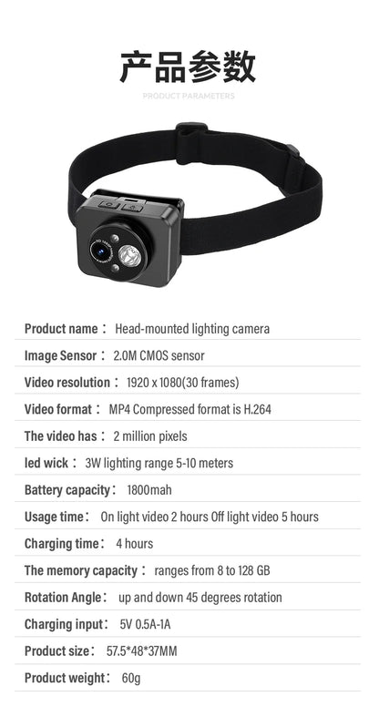 Action Camera Headlight First Perspective 2MP Sports Camera Smart Wave Hand Induction Video Recorder Built-in Battery Action Cam