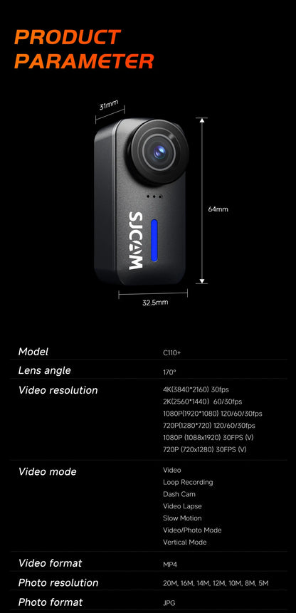 SJCAM C110+ Magnetic Combo Action Camera，4K 30FPS WiFi Sports Camera IP65 Waterproof with 200Min Battery