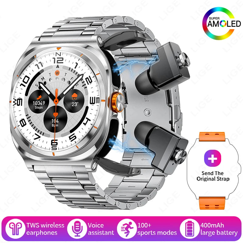 2025 New Smart Watch With 2 in 1 TWS Wireless Headset Bluetooth Call 1.53" AMOLED Screen 400mAh IP67 Waterproof Sport Smartwatch