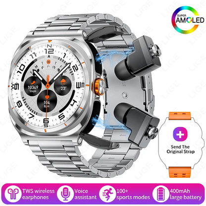 2025 New Smart Watch With 2 in 1 TWS Wireless Headset Bluetooth Call 1.53" AMOLED Screen 400mAh IP67 Waterproof Sport Smartwatch