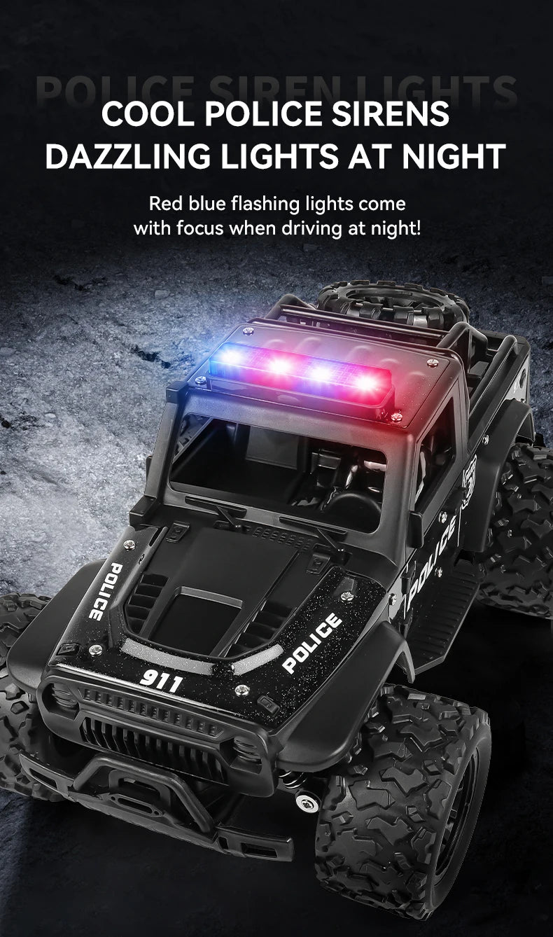 Remote-controlled off-road police car, cool police lights, simulated siren sounds, 1:16 scale alloy body,Spring shock absorption