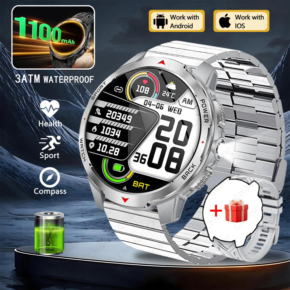 GPS Outdoor Sports Smartwatches 1100mAh Battery Compass Men's LED Lights 5ATM Waterproof Watch Bluetooth Call Smart Watch