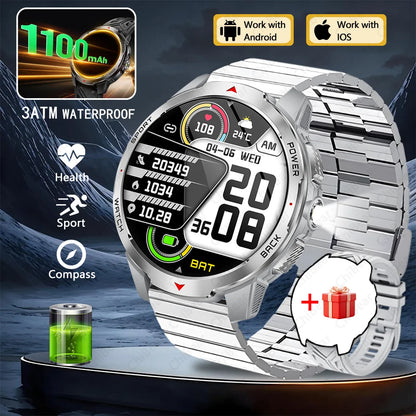 GPS Outdoor Sports Smartwatches 1100mAh Battery Compass Men's LED Lights 5ATM Waterproof Watch Bluetooth Call Smart Watch