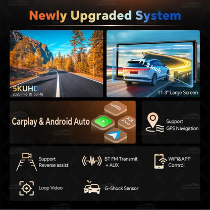 Dash Cam 5K Front Rear Car Camera Wireless CarPlay & Android Auto  WiFi GPS 11.3" Touch Screen GPS Navigation Night Vision DVR