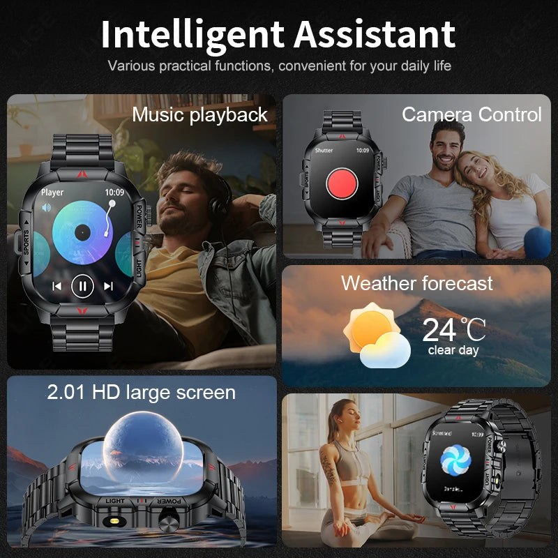 LIGE Smart Watch LED Flashlight Men Waterproof Watches 2.01-inch HD Screen Health Bracelet Military Outdoor Sport Smartwatch Man