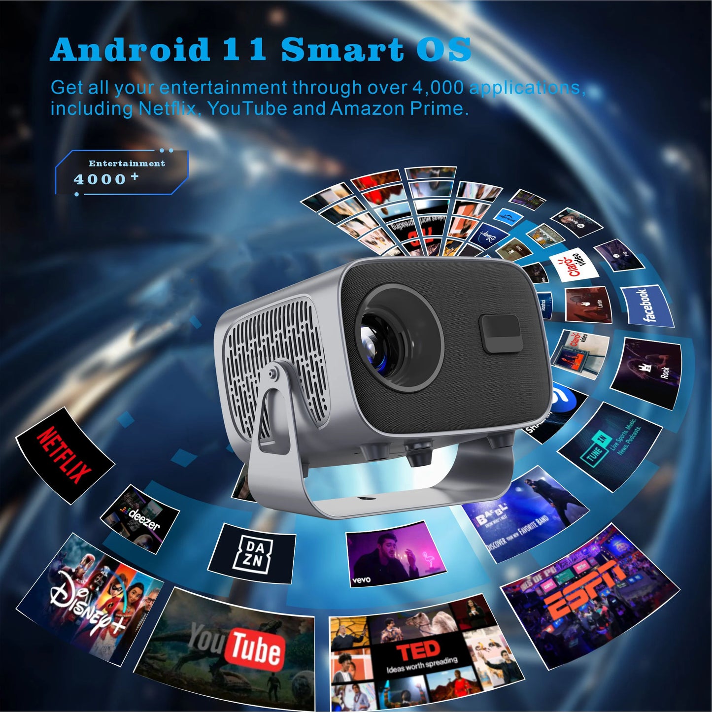 Projector Built in 5W Speaker 1280*720P RGB LED Android 11 4000 Lumens Wifi2.4G/5G BT5.2 Outdoor Video Home Theater Projector