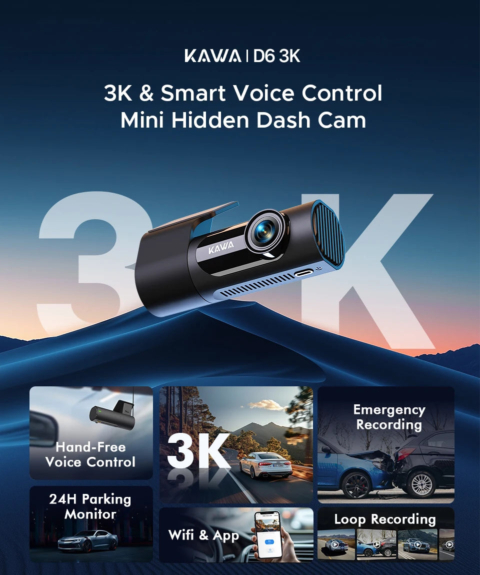 Dash cam KAWA D6 3K Video Recorder Car Dash Camera for AUTO, Car DVR Voice Control,Night Vision Dashcam 2025 New