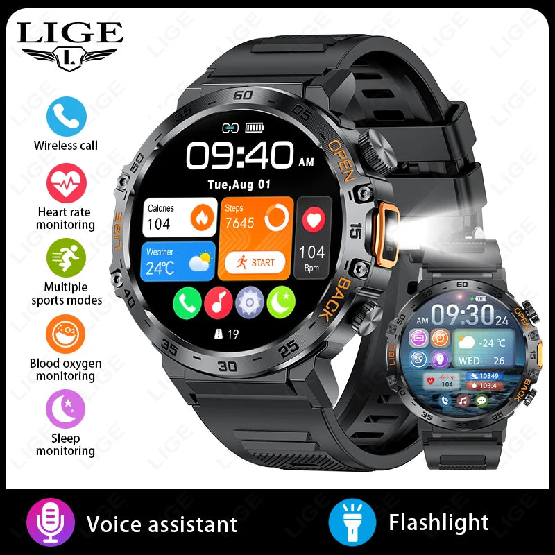 LIGE 2025New Smart Watch Men 360*360 AMOLED HD Screen Waterproof Sport Fitness Watches Flashlight New Smartwatch For Android ios