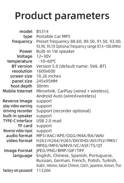 Portable Car MP5 Player Smart Stereo Radio Carplay Android Auto 10.26Inch Touch Screen Bluetooth FM Universal Multimedia Monitor