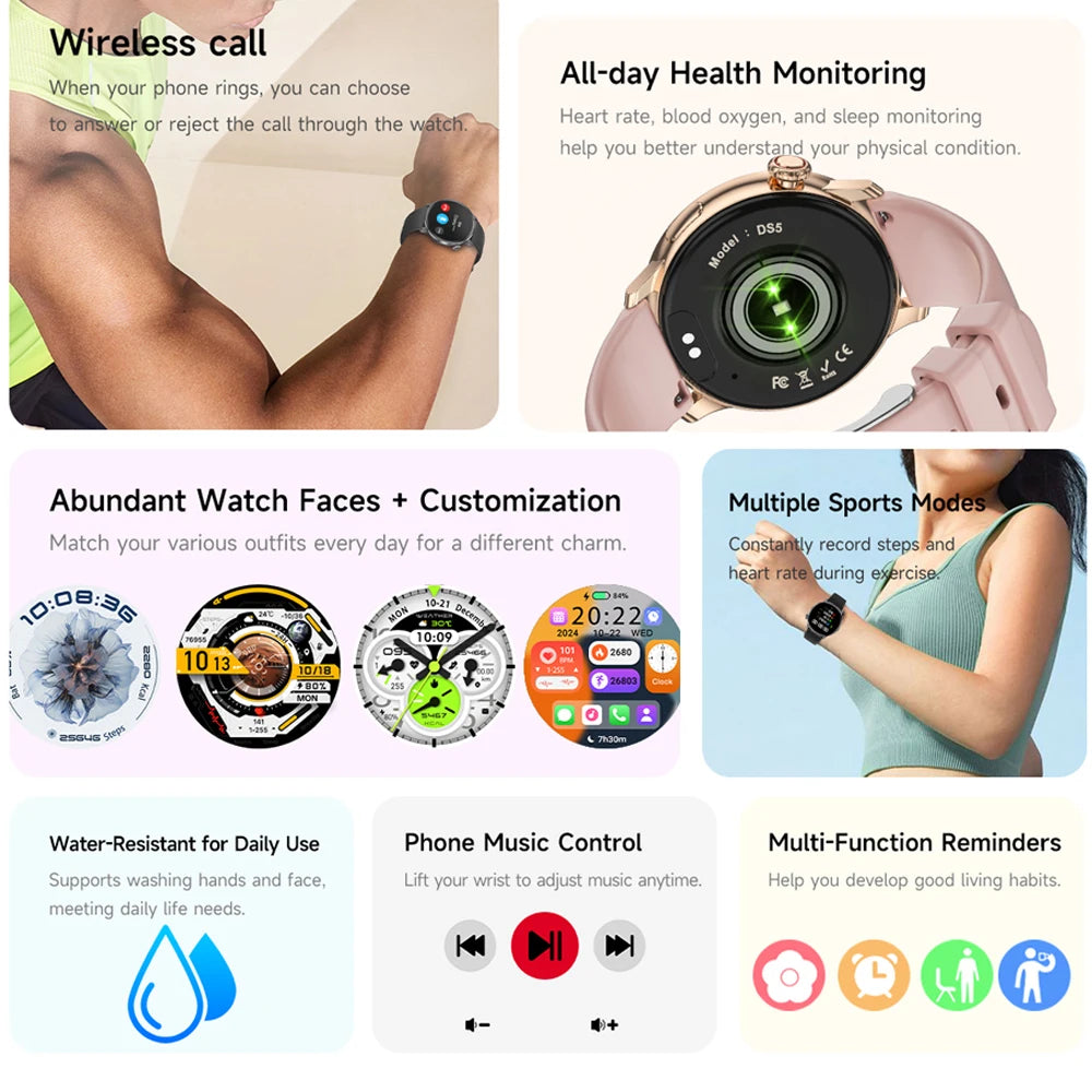 Fashion Women Bluetooth Call Smart Watch DIY Dial Health Monitoring Full Screen Touch Smartwatches 2025 New Android IOS