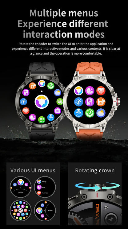 New Military Smart Watch Men 760mAh Large Battery LED Flashlight Compass 1.8"HD Screen Heart rate Waterproof BT Call Smartwatch