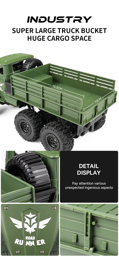 1/16 2.4G Aluminum Alloy RC Truck Six Wheel Military Edition with LED Lights Outdoor Remote Control Cars Toys Gift for Children
