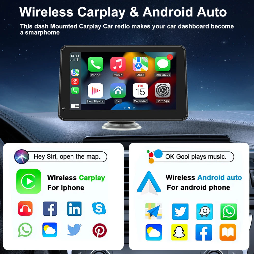 Portable Touch Screen 7inch IPS CarPlay Android Auto Car Radio Multimedia Video Player GPS Navigation  Wifi  Rear View Camera