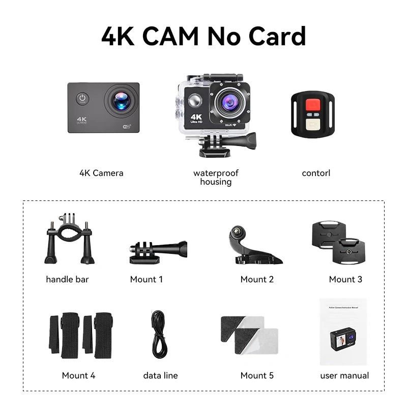 Null 4K Outdoor WiFi Action Camera Helmet Video Recording 4K/30FPS WiFi 2.0" 170DGPS 4X Zoom Underwater Waterproof Sports Camera