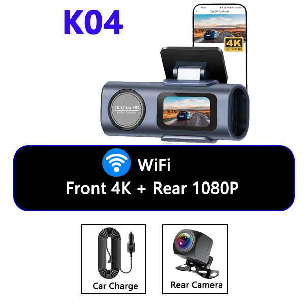 Dash Cam Front and Rear, 4K+1080P WDR Dash Camera for Cars,Built-in WiFi Car Camera with GPS Track,G-Sensor, Super Night Vision