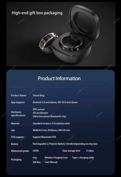 2025 R12 Smart Ring with Color Display Screen and Touch, Charging Box,Health Manager, 5 ATM Waterproof Smartring For Men Women