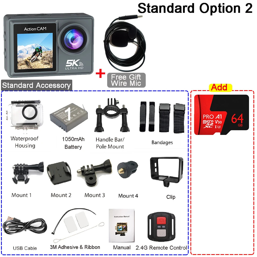5K 4K60FPS Action Camera Dual IPS Touch LCD DVR EIS 170° 30M Waterproof 5X Zoom Sport Camera With Wireless Mic&Remote Control