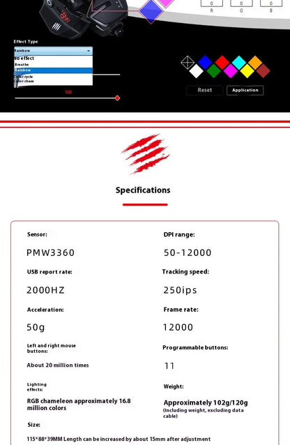 MeiJiaLion RAT6+ Wired Mechanical Gaming Mouse With Weight RGB Computer Esports Mouse Controller Black And White For Gamers