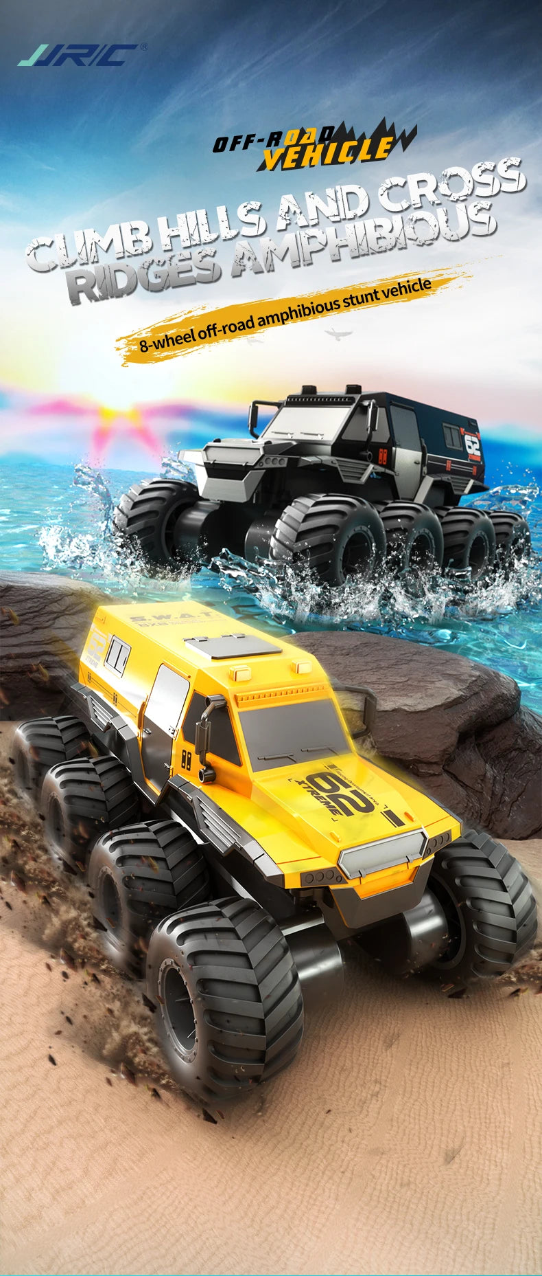 JJRC Q137 8x8 2.4G Remote Control Car 8wd Off-road Amphibious Stunt Vehicle 8-Wheel Speed Racing Truck Waterproof Crawler Toys