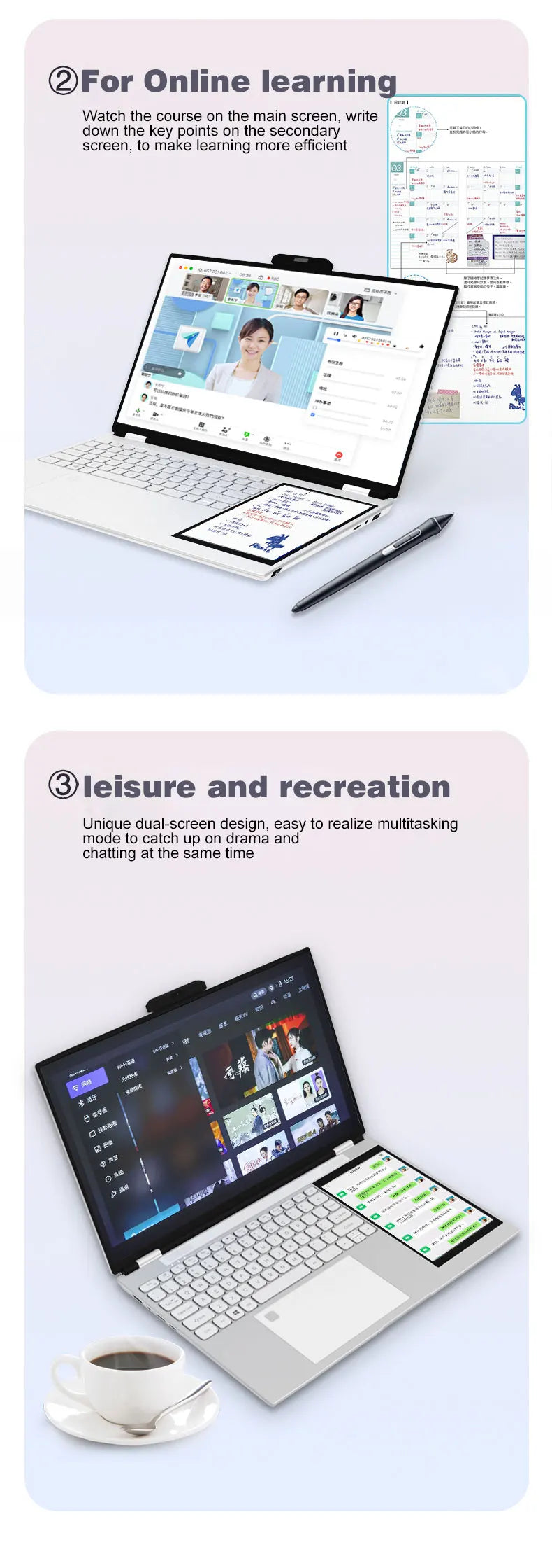 CRELANDER Intel N100 Notebook 15.6 " 2K +7" Touch Screen Quad Core 16GB WIFI Windows11 Portablet PC Computer Dual Screen Laptop