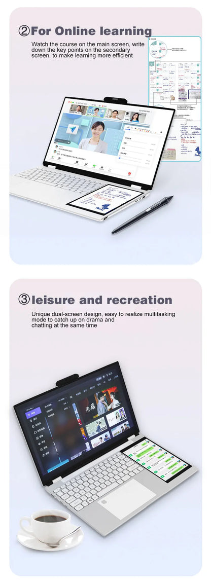 CRELANDER Intel N100 Notebook 15.6 " 2K +7" Touch Screen Quad Core 16GB WIFI Windows11 Portablet PC Computer Dual Screen Laptop