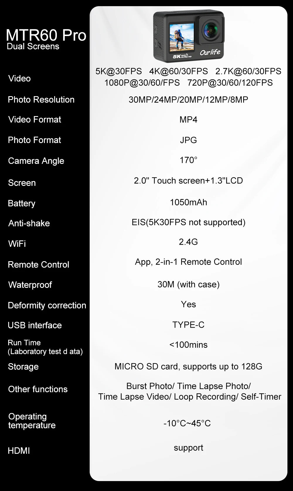 5K Action Camera 2.0'' Touch Screen 170° 30M Waterproof 5X Zoom WiFi Sport Camera With 2 in 1 Remote Control