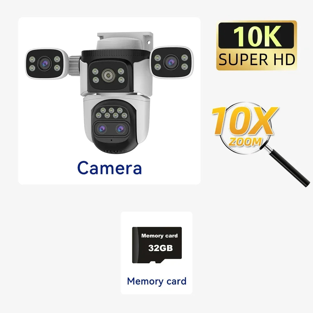 Four Lens WiFi Security Camera 20MP Four Screens Outdoor 10X Optical Zoom Human Auto Tracking Waterproof Multi-Camera System