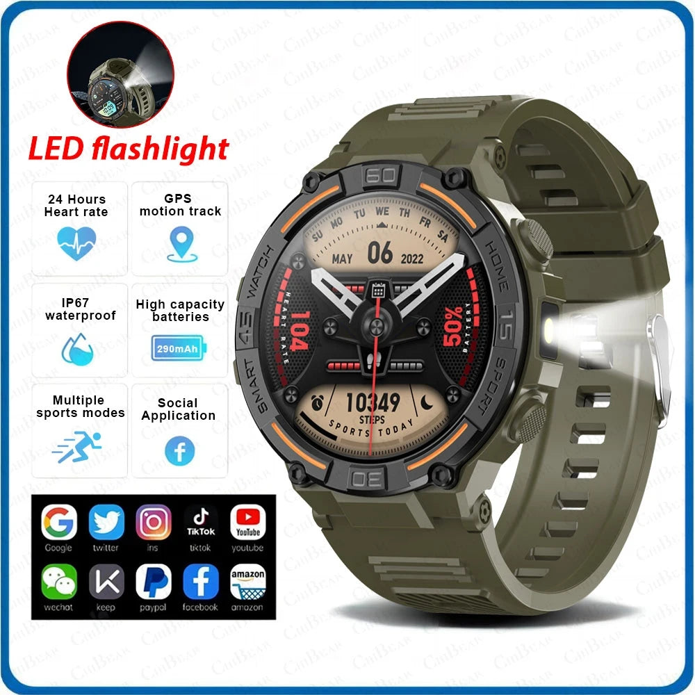 Outdoor Smart Watch with Flashlight Male Sports Fitness Waterproof Watch 24 Hours Heart Rate Monitor Bluetooth Call Smartwatch