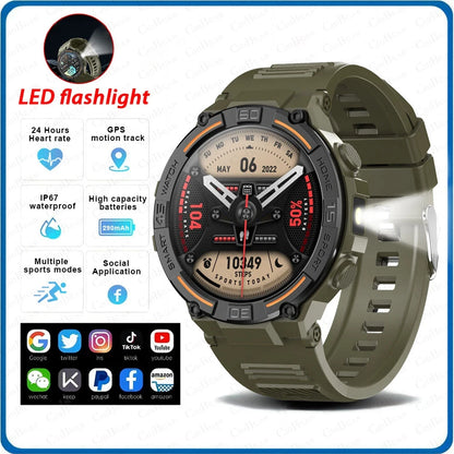 Outdoor Smart Watch with Flashlight Male Sports Fitness Waterproof Watch 24 Hours Heart Rate Monitor Bluetooth Call Smartwatch