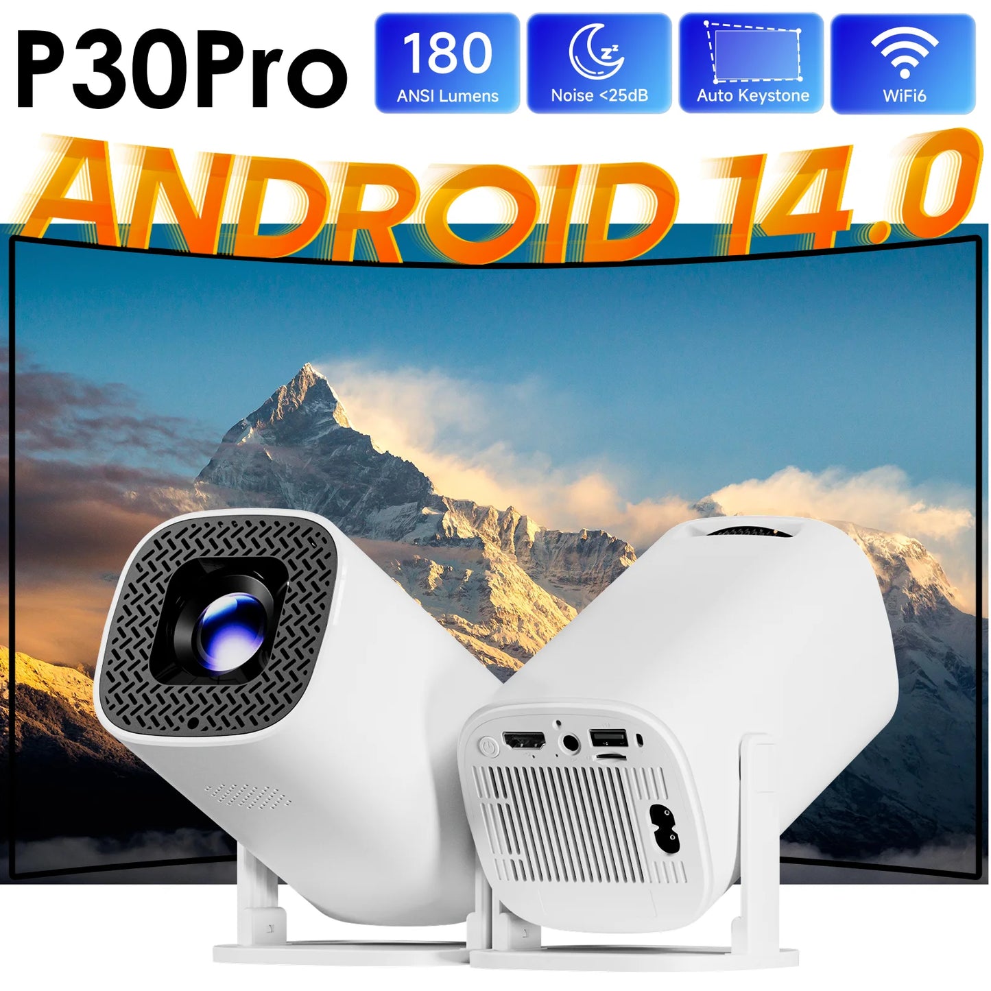 P30PRO Android 14 Smart Mini Projector Supports 4K HD Video WiFi 6 BT5.0 Native 720p Home Theater Outdoor Portable Projector