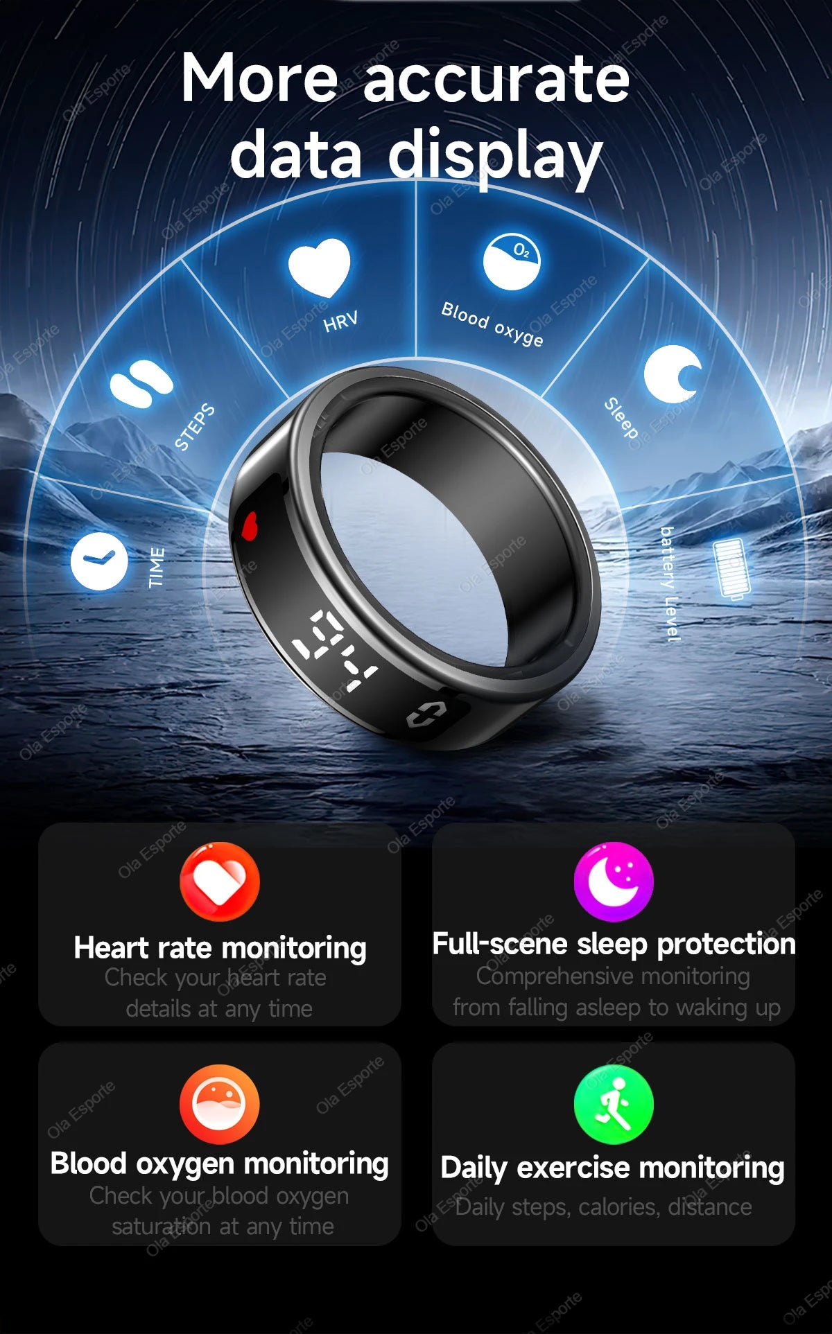Smart Ring with Wireless Charging for Men Women LED Display Screen Health Sleep Monitor 5ATM Waterproof Multi-sport Mode Rings