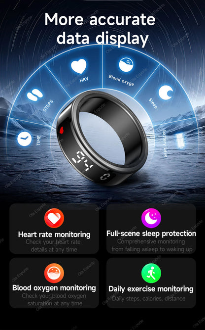 Smart Ring with Wireless Charging for Men Women LED Display Screen Health Sleep Monitor 5ATM Waterproof Multi-sport Mode Rings