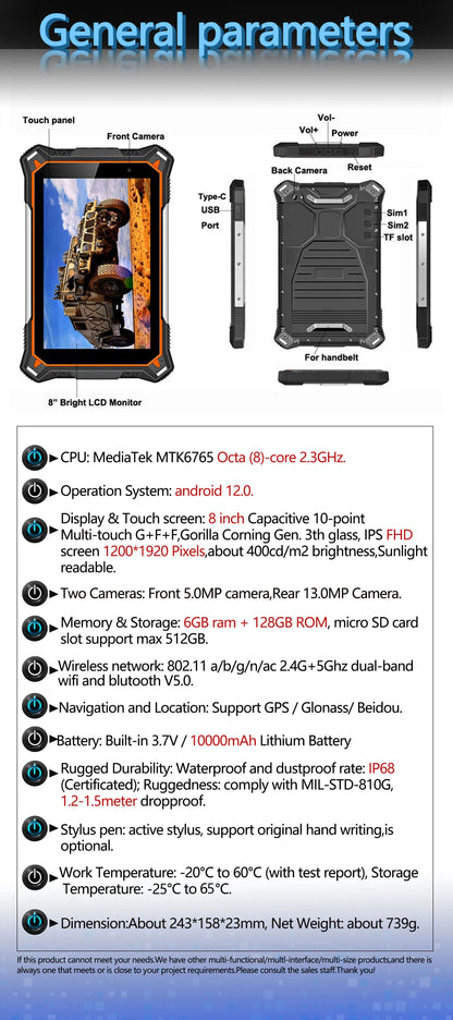 Android 12 Rugged Tablets PC 6GB RAM 128GB ROM Industrial Computer Tablets Phone 10000mah IP68 Waterproof 8 Inch Touch Screen