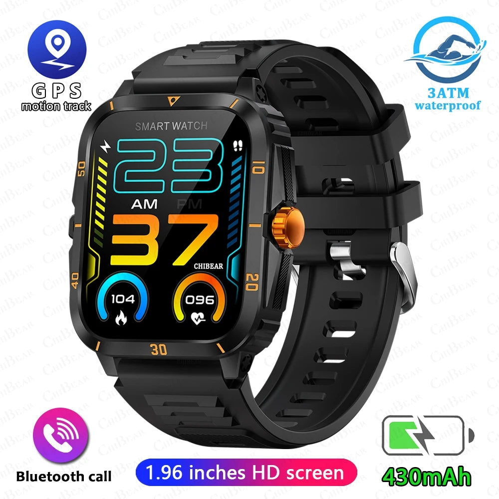 3ATM Waterproof Smartwatch Men 1.96 Inch HD Screen GPS Sports Fitness Tracker Health Monitoring Bluetooth Call Sport Smart Watch
